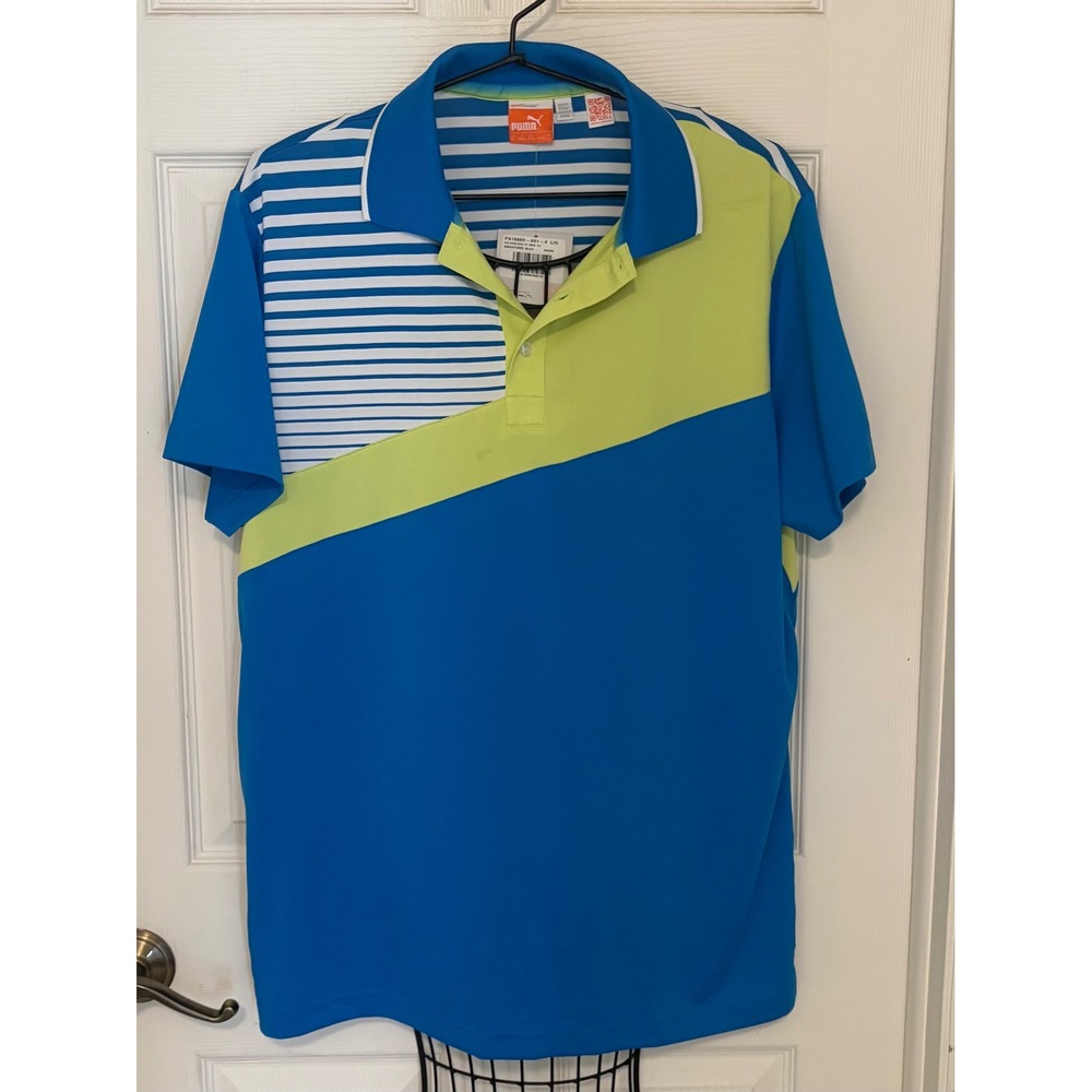 NWT Puma Golf Mens Colorblock Striped Polo Shirt Blue Yellow Size L Performance